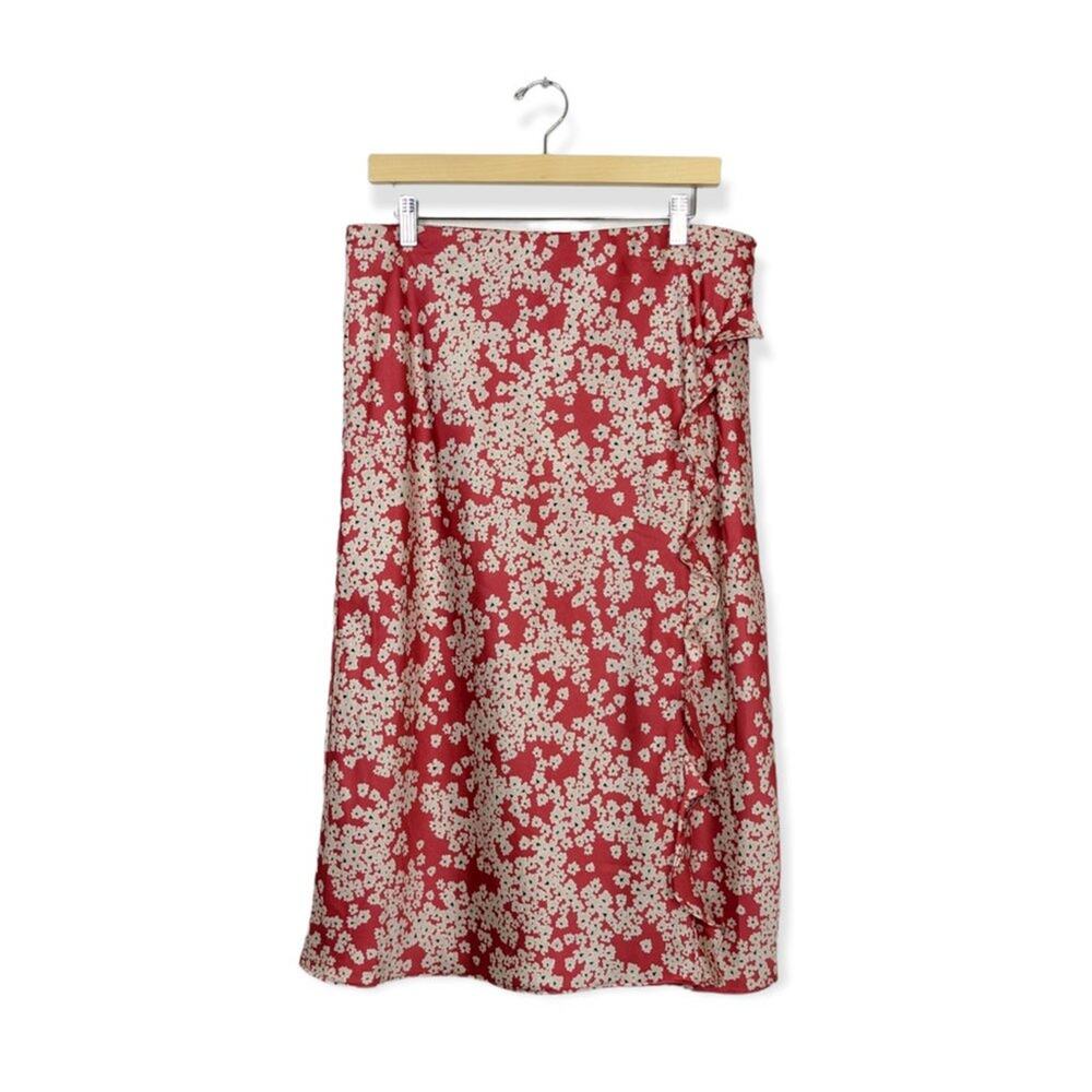 Socialite Satin Skirt XL Coral Cream Floral Ruffle Elastic Waist Midi NWT